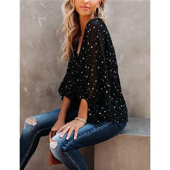 Womens V Neck Chiffon Blouses Casual Balloon Sleeve Floral Print Shirts Tops - Picture 7 of 10